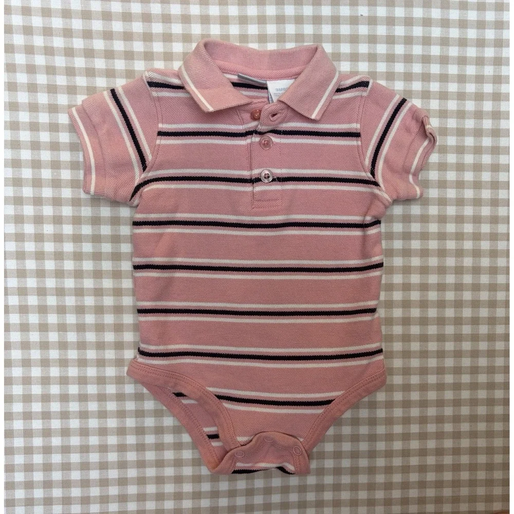 Y2K Cuddle Bear Polo Bodysuit Unisex 9M Pink Striped Collared Cotton One Piece